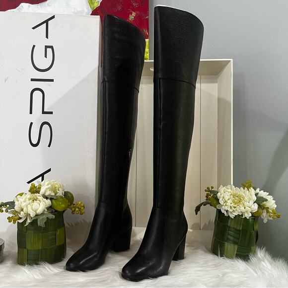 NEW Via Spiga Pebbled Leather Over The Knee OTK Chunky Heel Almond Boots 5.5 NIB - Picture 2 of 16